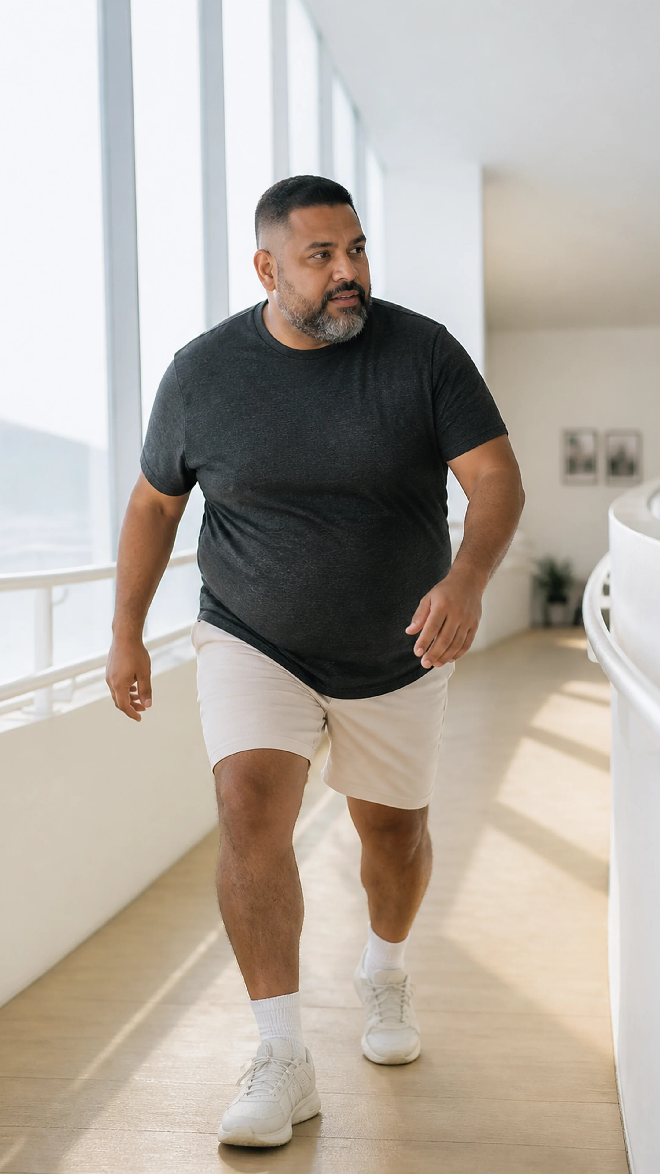 A larger-bodied fitness beginner moves with confidence.