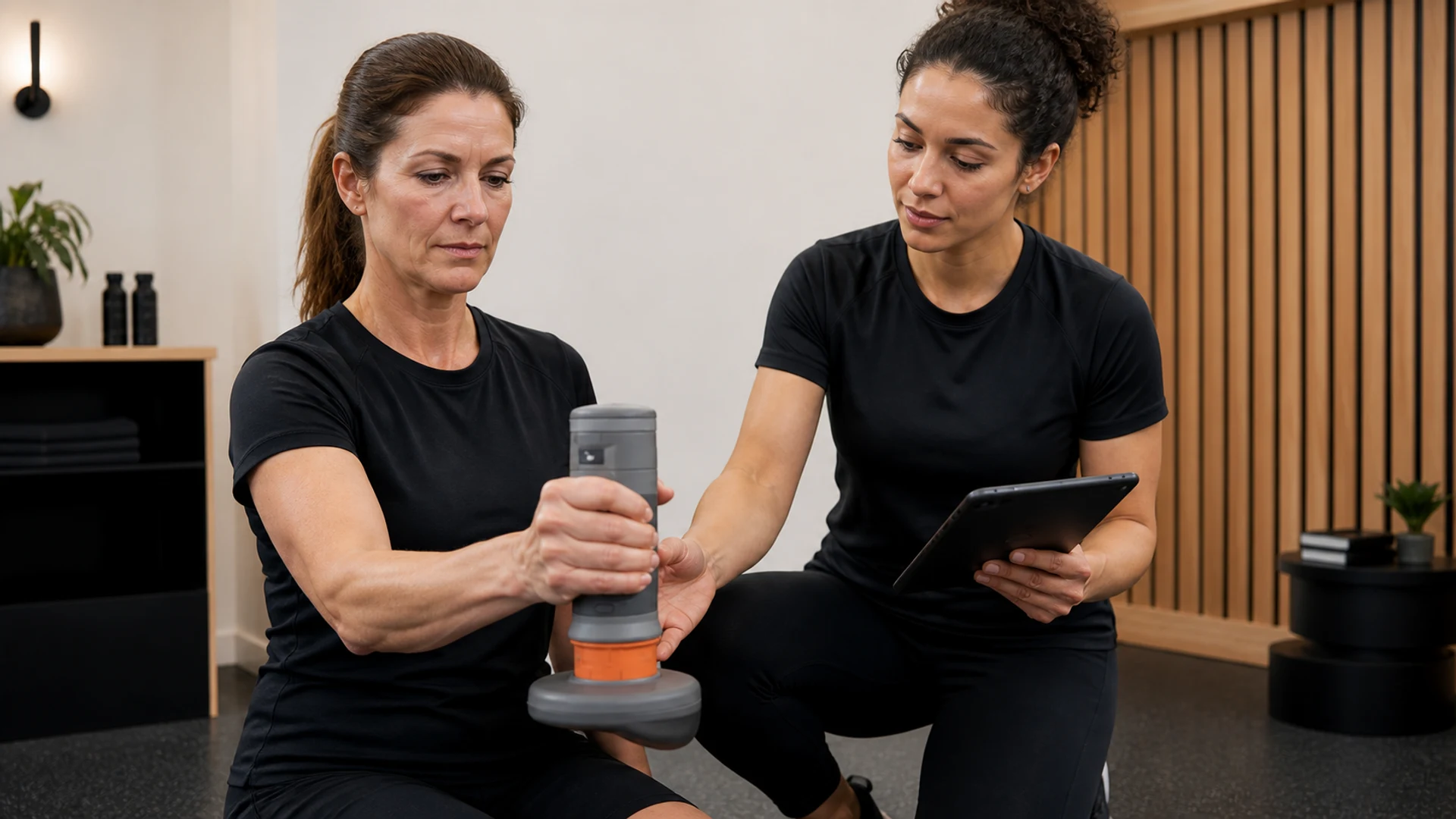A middle-aged athlete completes handheld grip-strength measurement with a Performance Lab Guide.