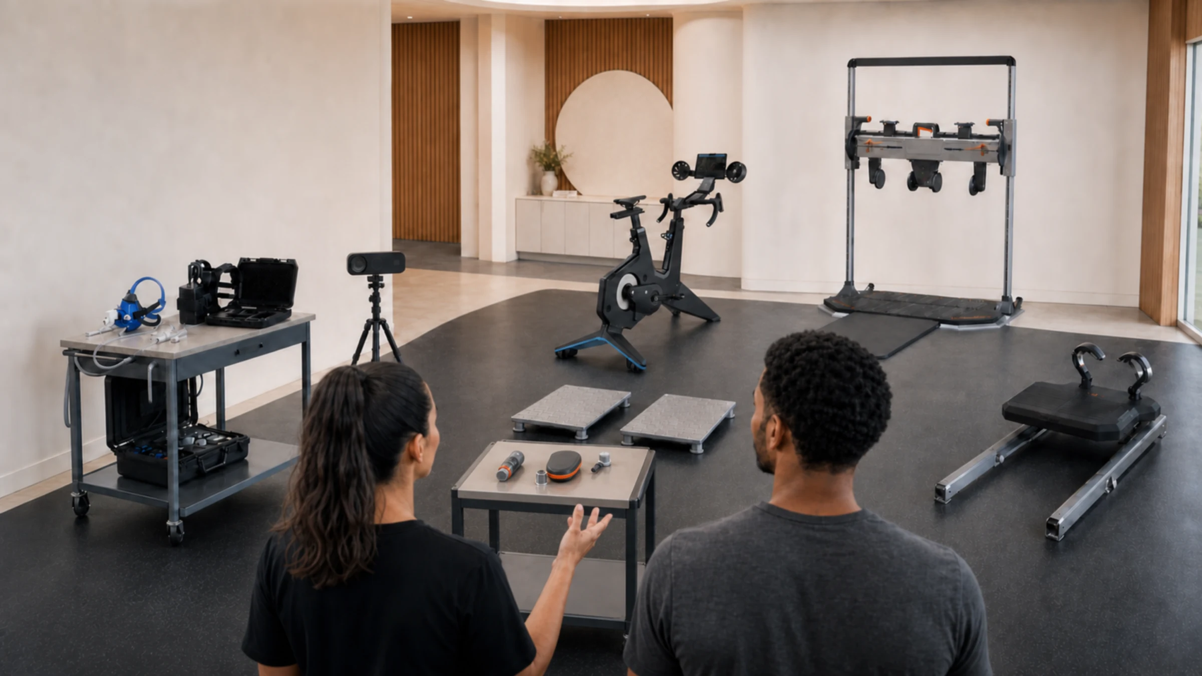 Two people view the full suite of clinical-grade measurement devices.