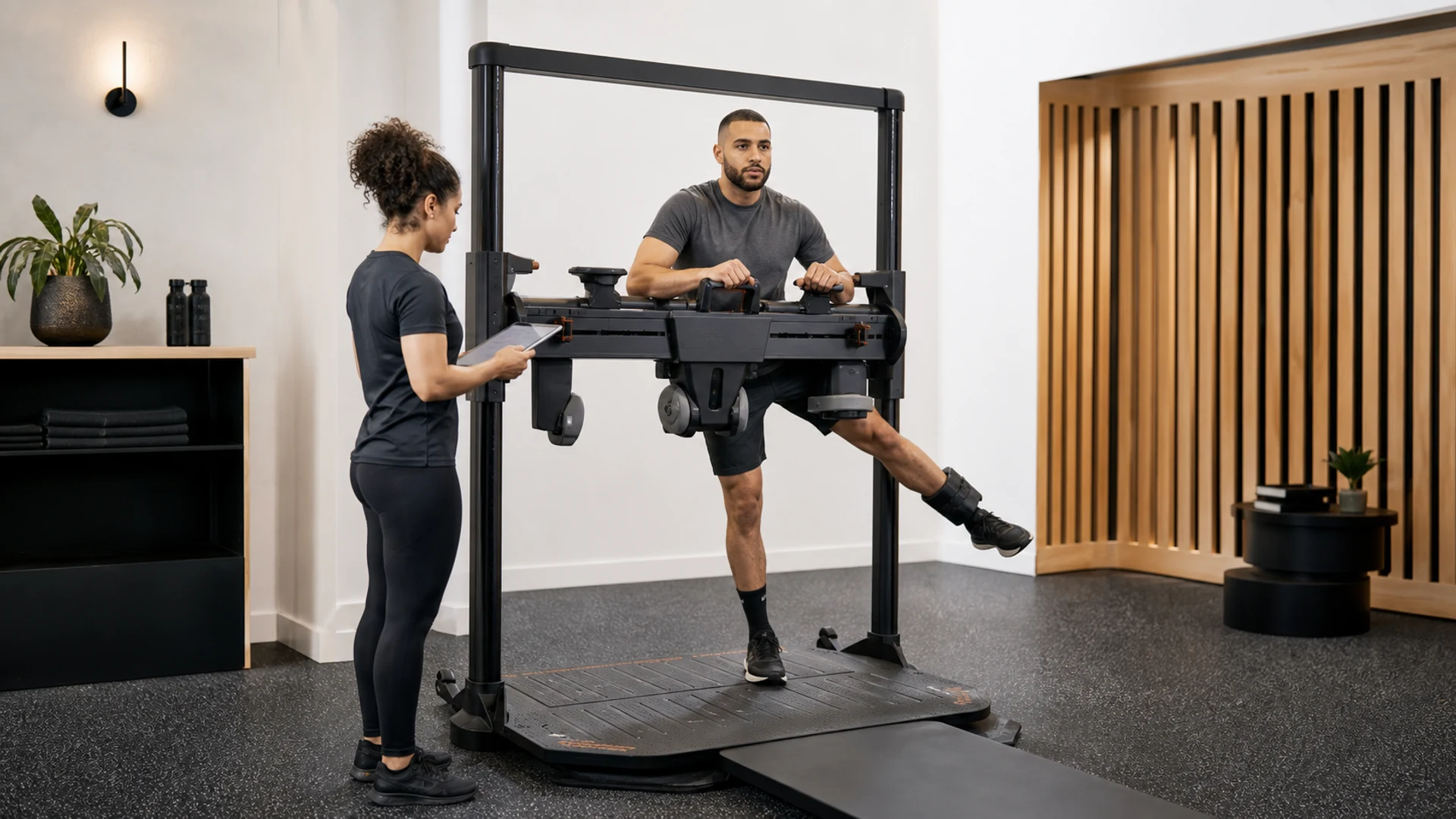 A Performance Lab Guide observes joint-specific strength measurement on a fixed-frame dynamometry system.