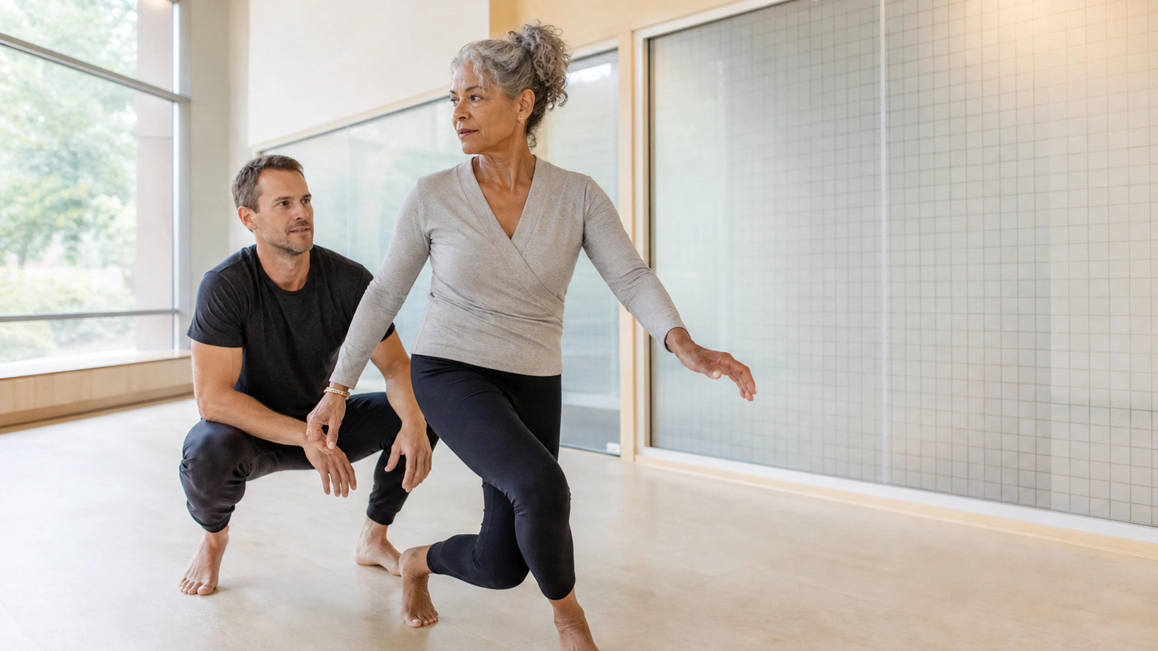 An active older adult works through a guided movement session.