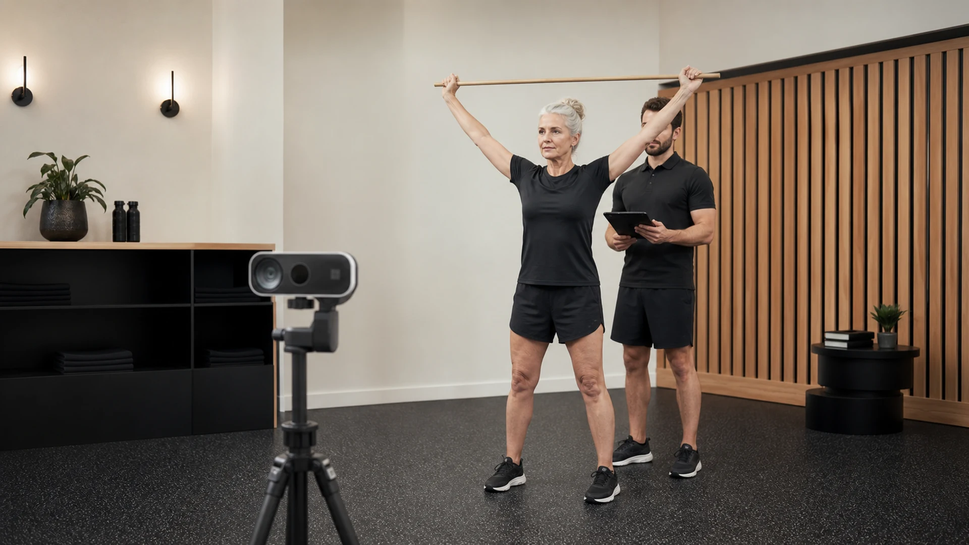An active older adult completes markerless movement analysis in front of a 3D capture camera.