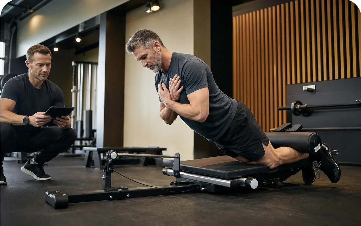 A client completes an eccentric hamstring measurement while a Performance Lab Guide records the data.