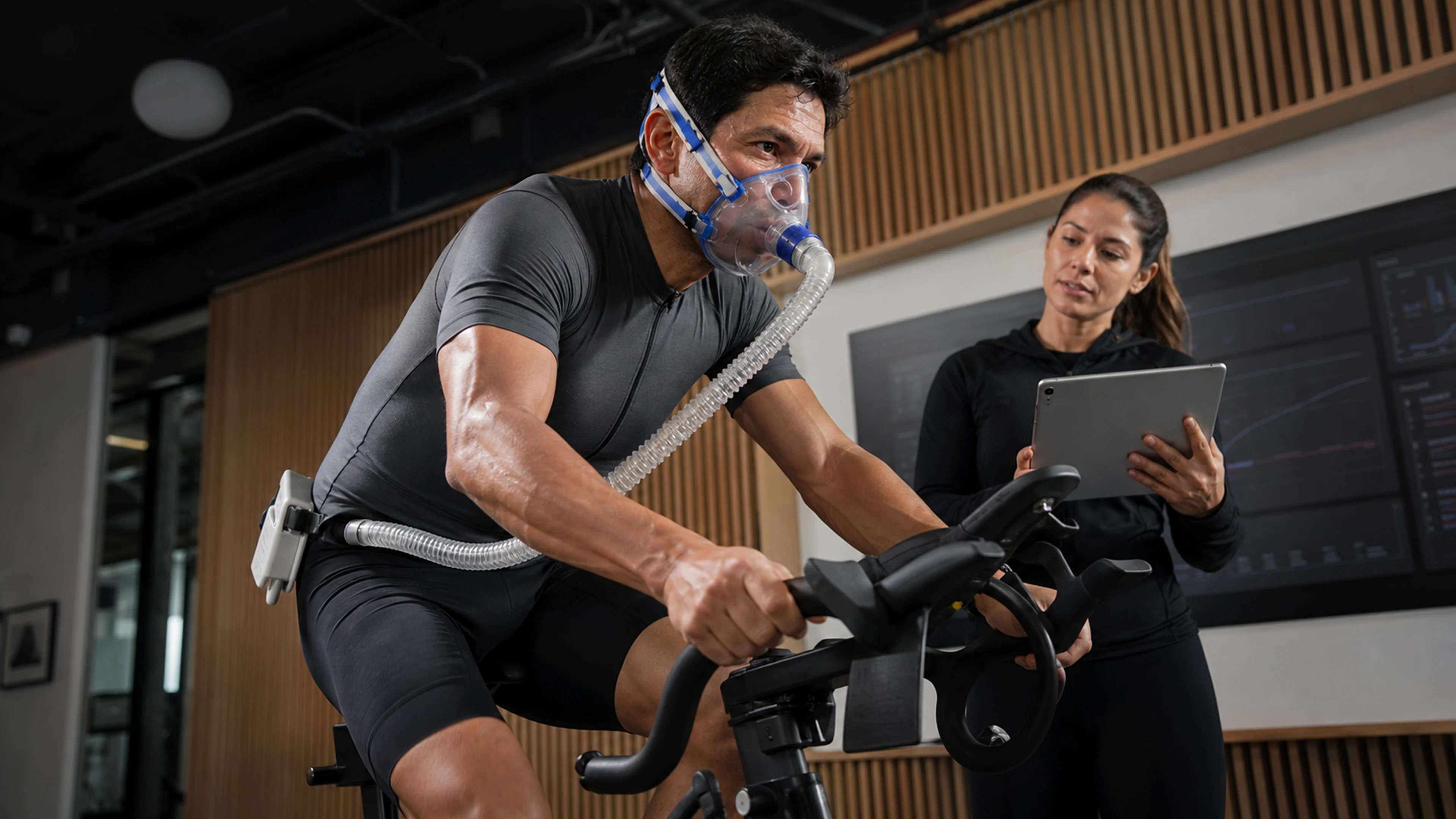 Controlled cycling with a breath-analysis mask.