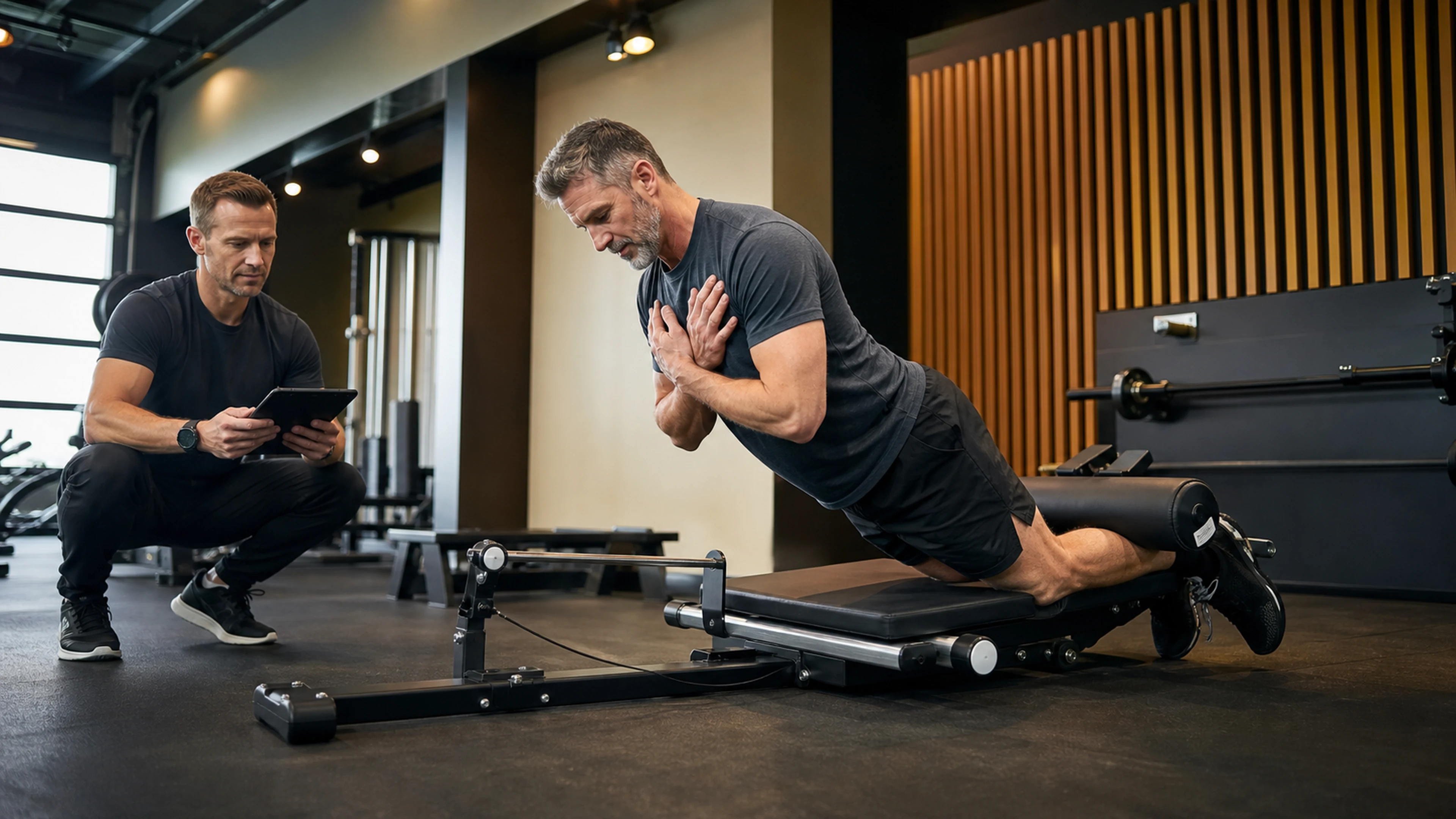 A weekend athlete completes an eccentric hamstring measurement.
