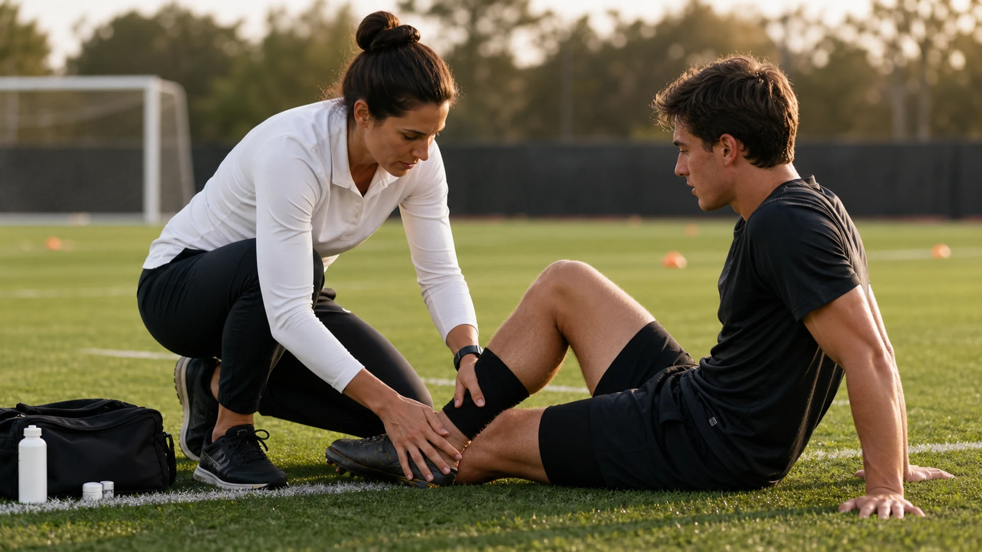 An independent athletic trainer responds to an athlete during field practice.