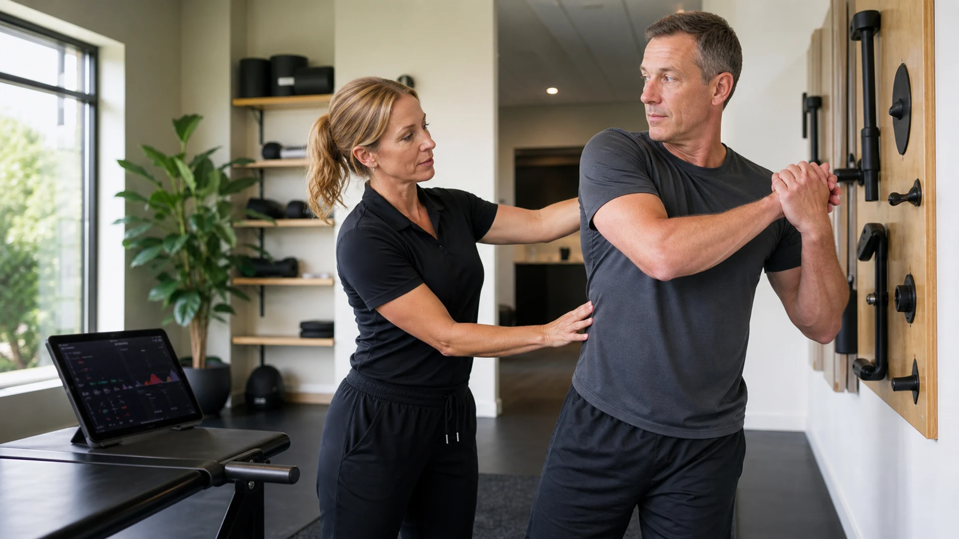 An independent chiropractor guides an active client through standing mobility work.