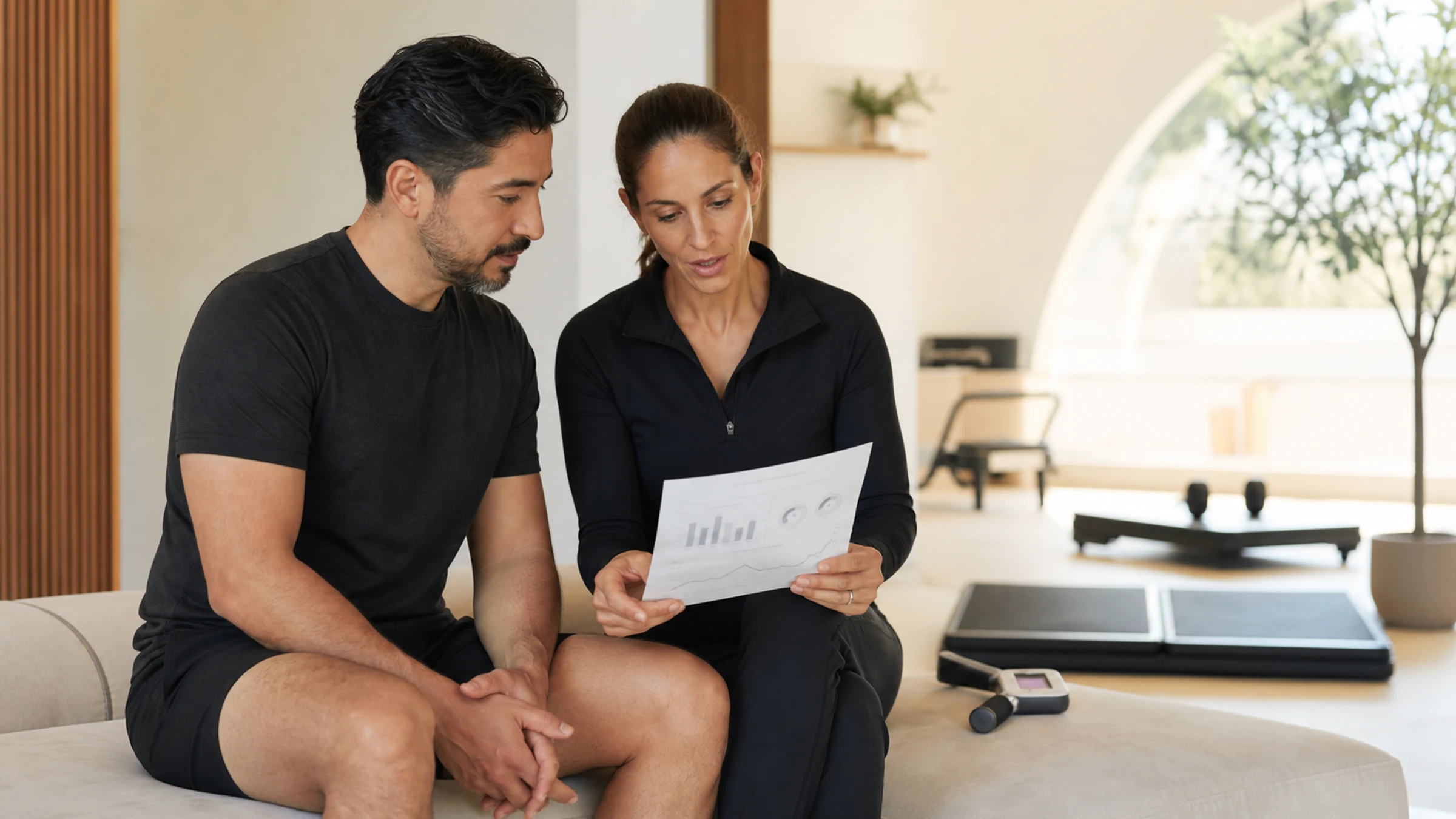 A client reviews an integrated physical measurement report with an independent specialist.