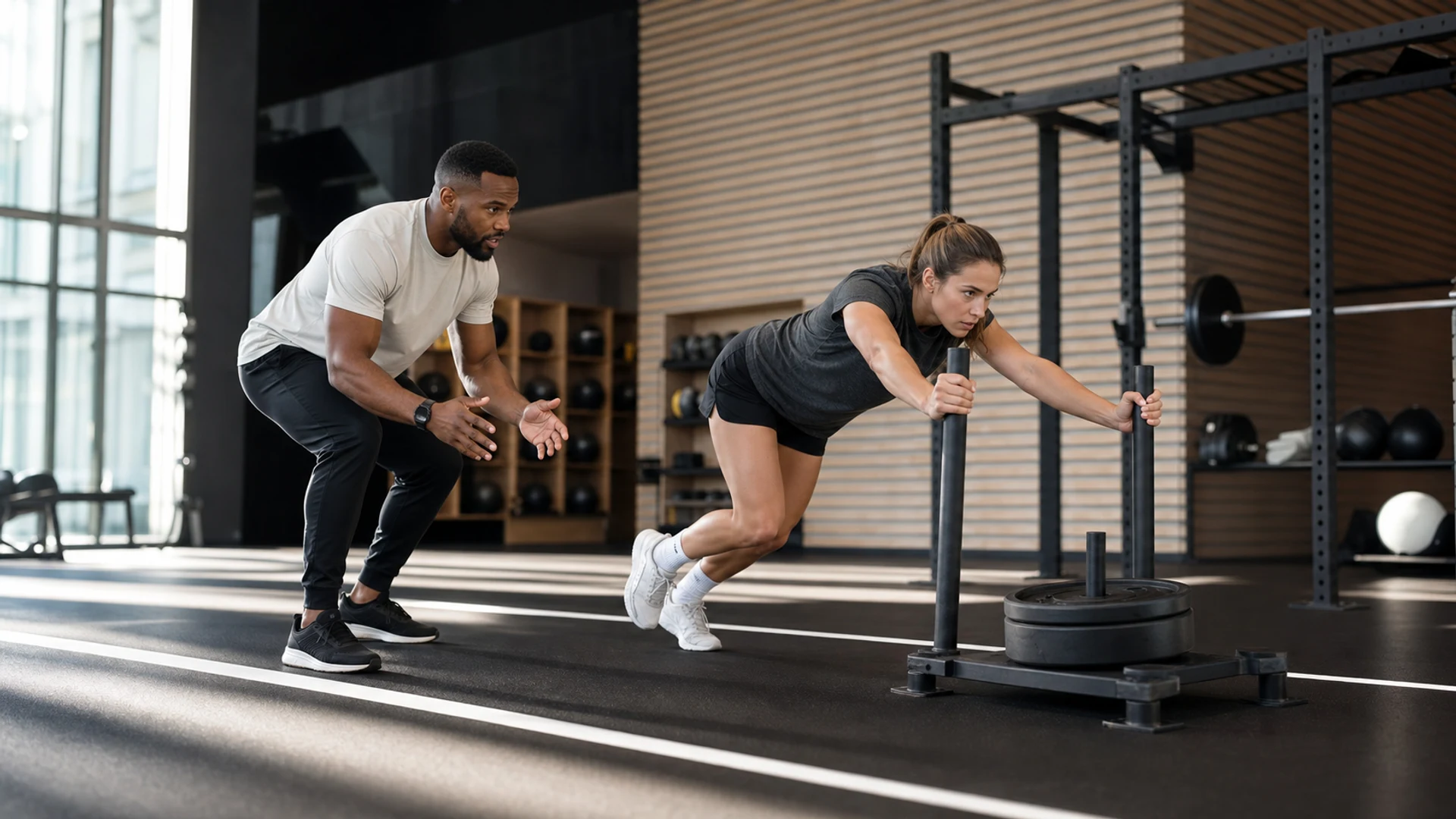 An independent strength and conditioning coach guides an athlete through a sled push.